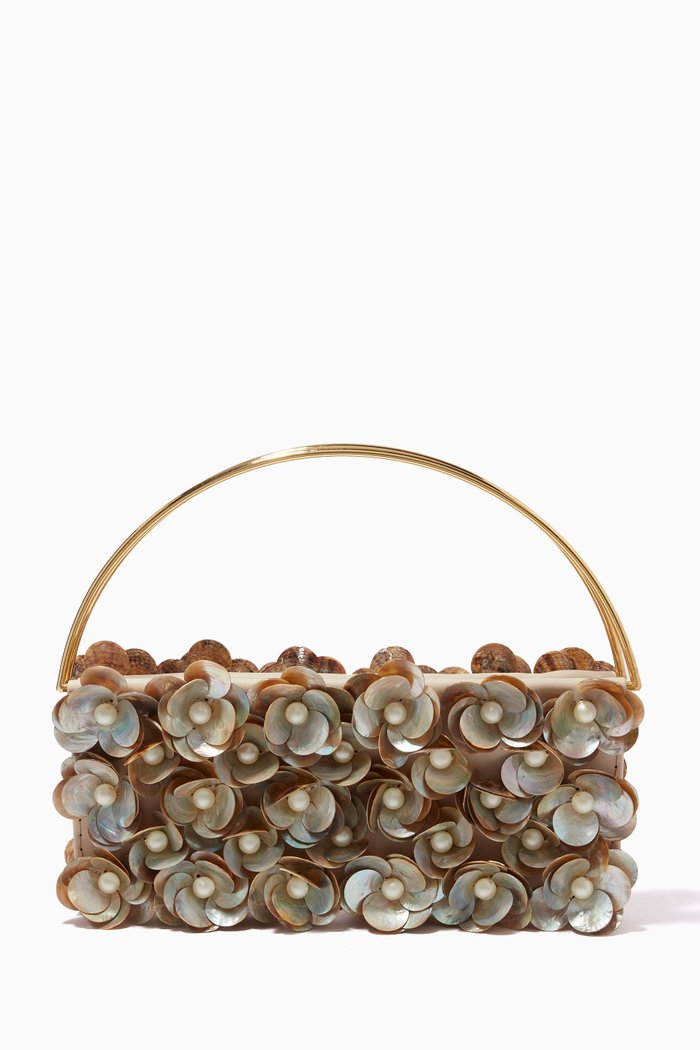 

Le Jardin Fleuri Baguette Bag in Natural Shell & Glass Beads, White