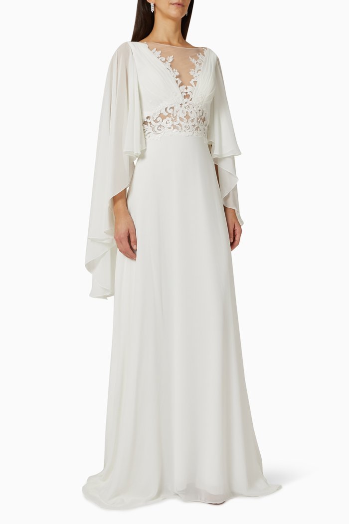 Danakil Cape-sleeve Wedding Gown in Chiffon, Neutral