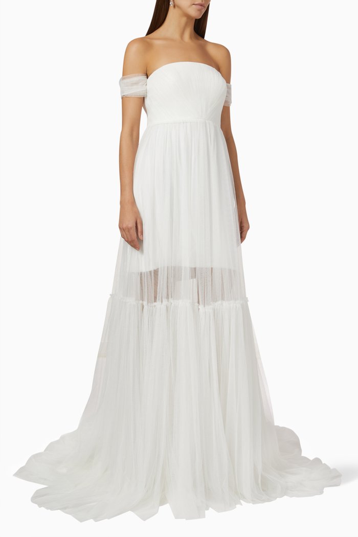 Clarice Off-the-Shoulder Gown in Tulle, Neutral