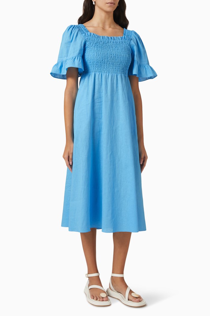 

Arabella Midi Dress in Linen Blend, Blue