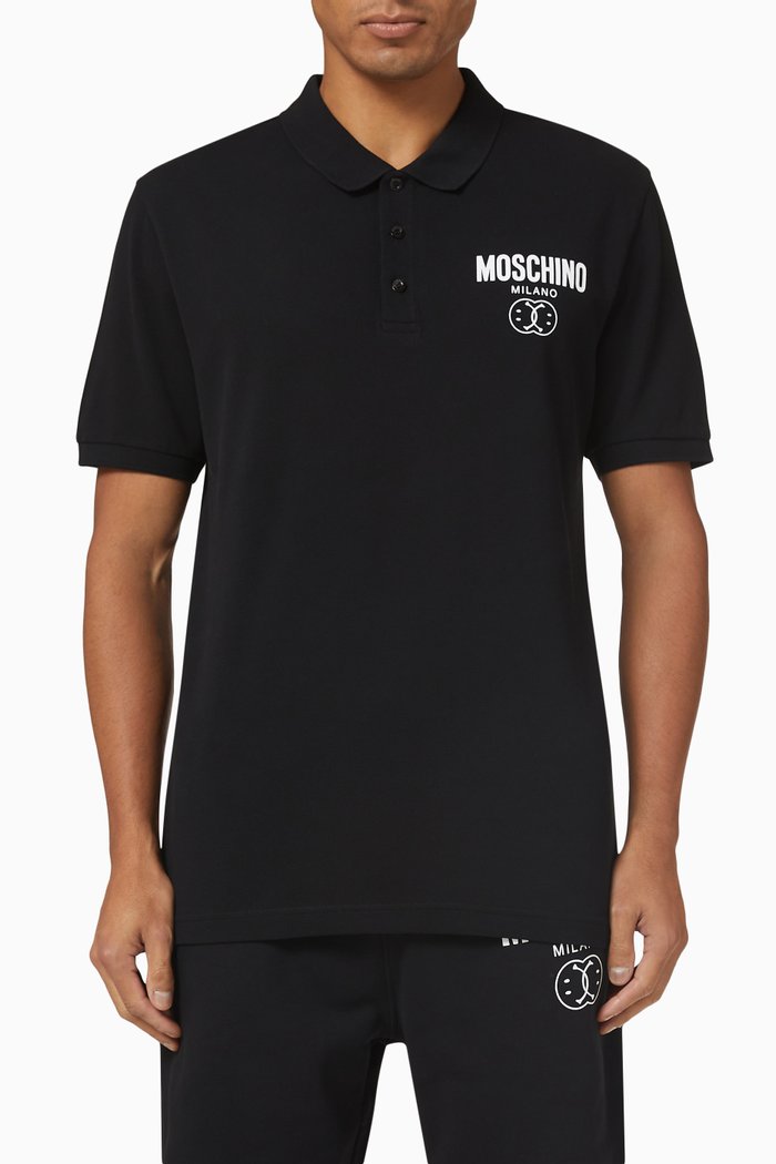 

Double Smiley Polo Shirt in Cotton, Black