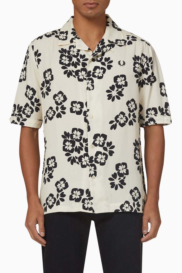 

Floral Print Camp Collar Shirt in Lyocell, White