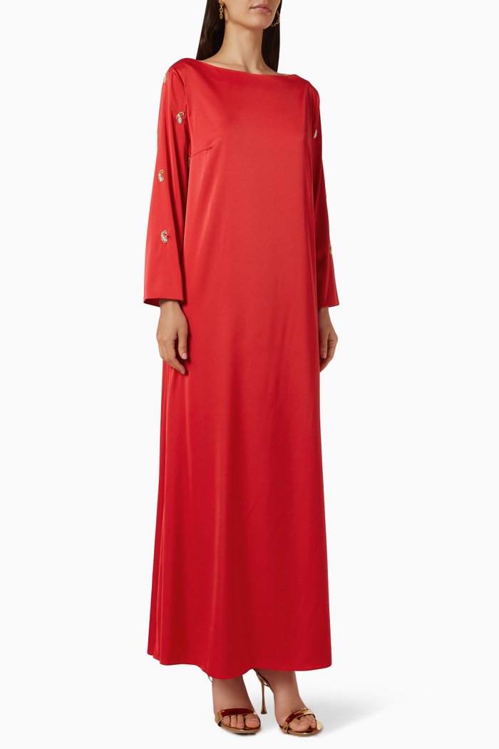 

Boat Neck Embellished Kaftan in Silk, Red