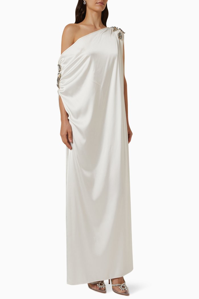 

Asymmetrical Neckline 3D Embellished Kaftan in Silk, White