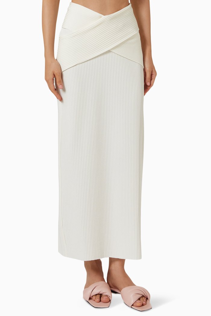 

Serpent Wrapped Midi Skirt in Viscose Rib Knit, Neutral