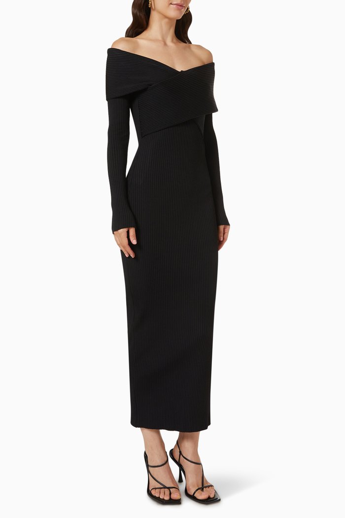 

Boa Wrapped Off-the-shoulder Midi Dress in Viscose Rib Knit, Black