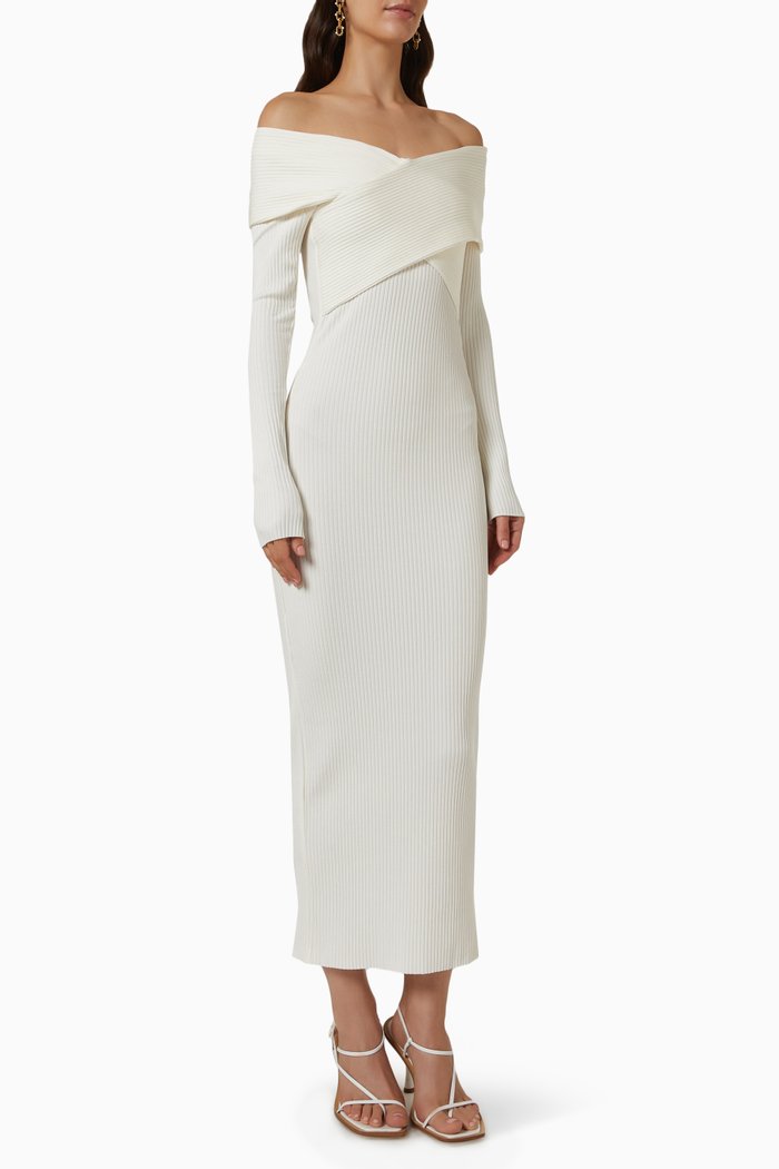 

Boa Wrapped Off-the-shoulder Midi Dress in Viscose Rib Knit, Neutral