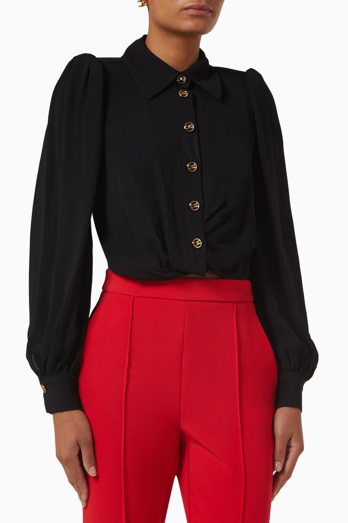 Logo-button Crop Blouse in Viscose Georgette, Black