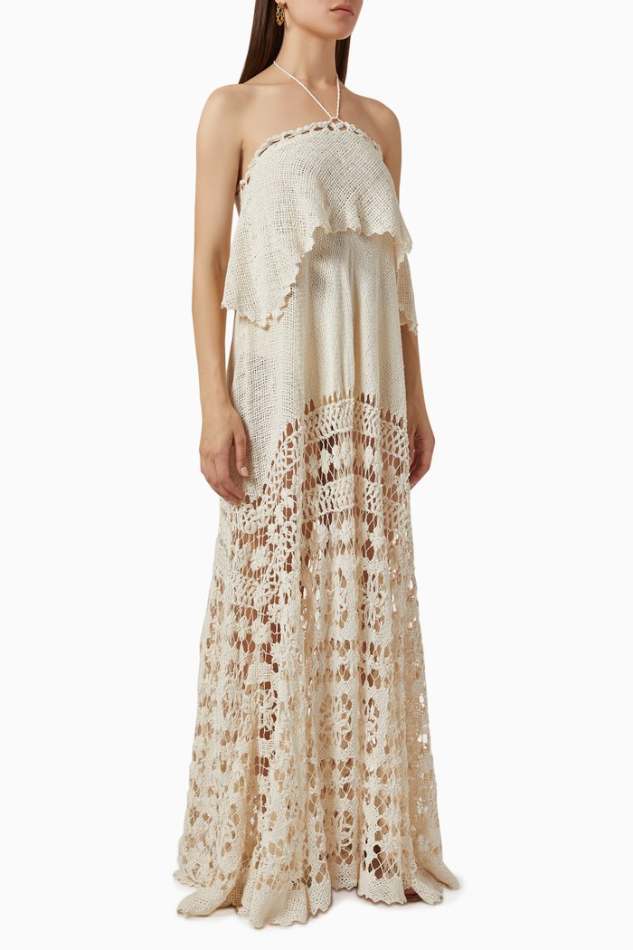 

La Paz Crochet Filet Maxi Dress in Cotton, Neutral