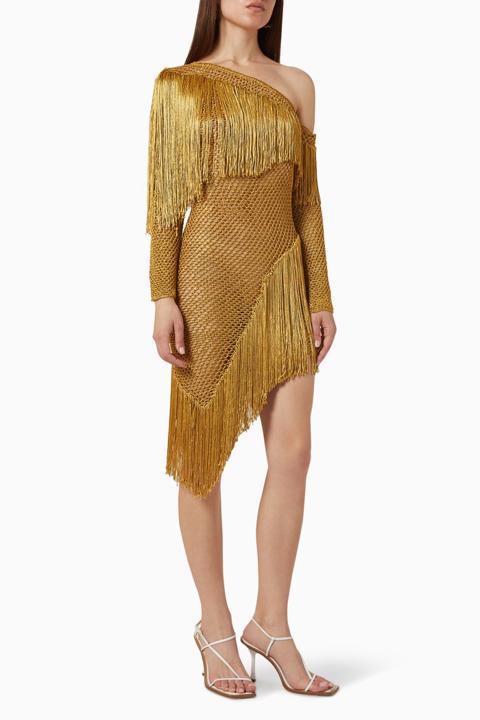 

Golden Crochet Fringe Mini Dress in Viscose, Gold