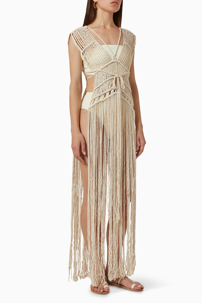 

Wayuu Fringe Macramé Dress in Cotton, Neutral