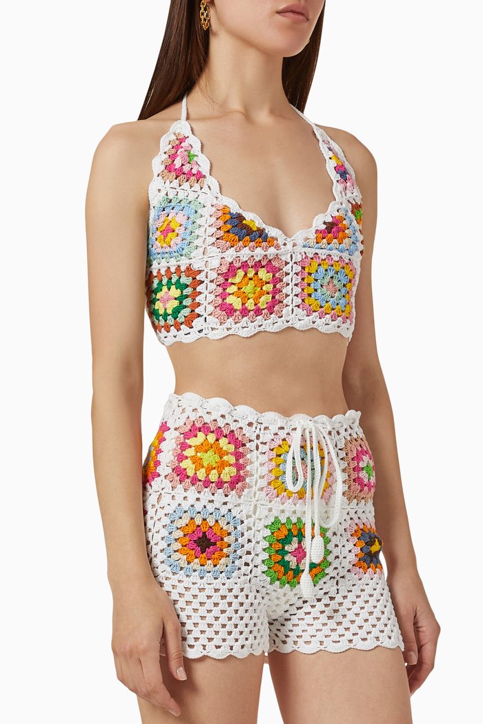 

Square Crochet Crop Top in Cotton, Multicolour