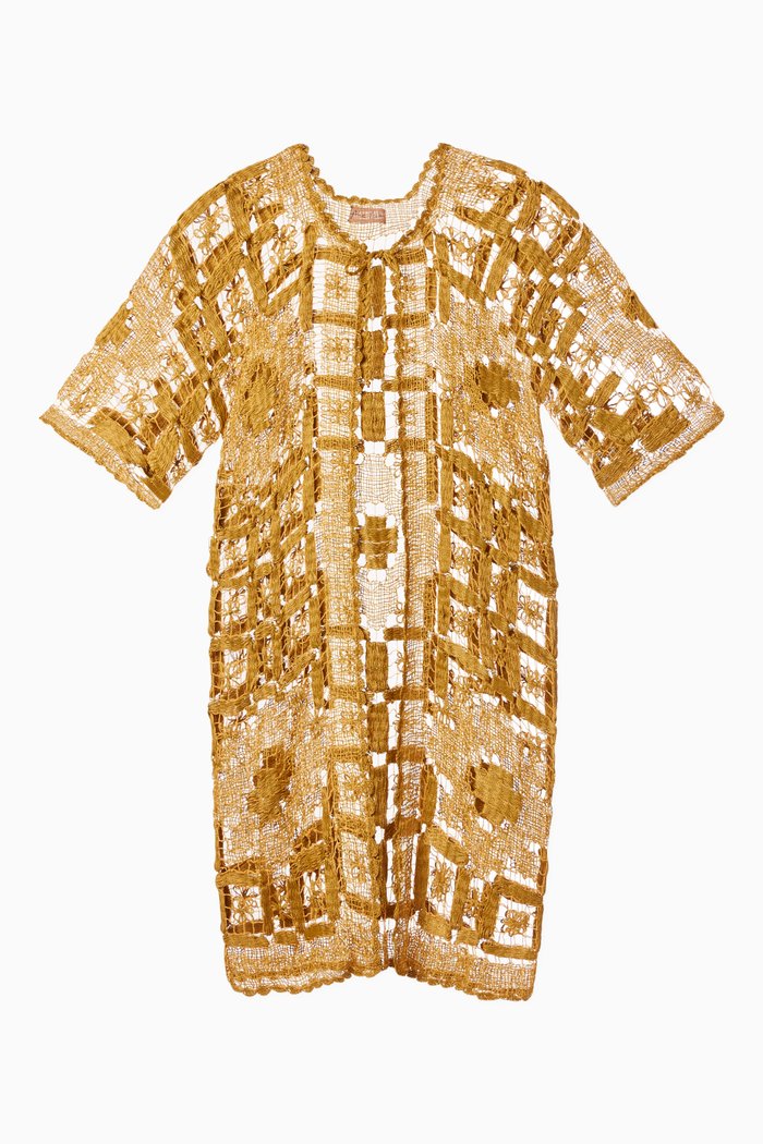 

Golden Crochet Midi Robe in Viscose, Gold
