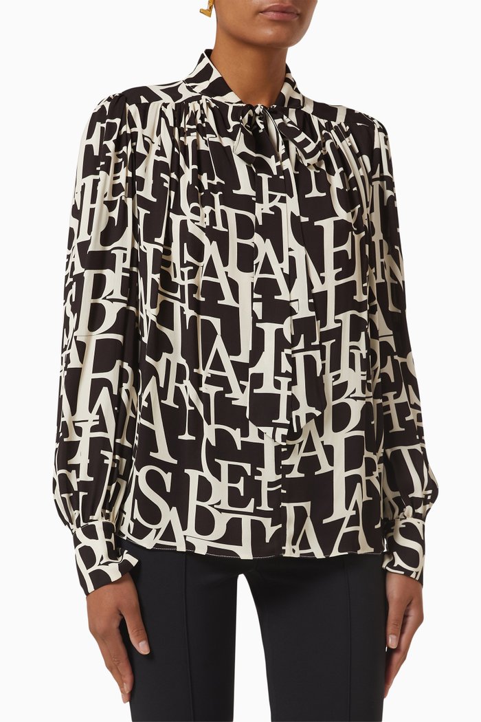 

All-over Logo Neck Tie Blouse in Viscose Georgette, Black