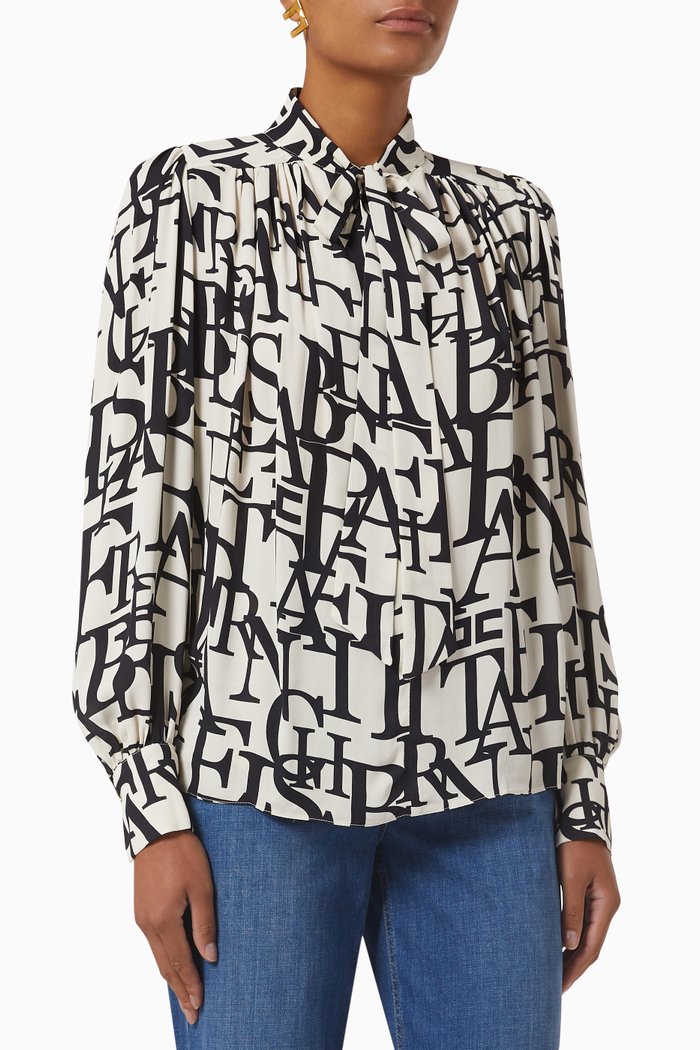 

All-over Logo Neck Tie Blouse in Viscose Georgette, Neutral