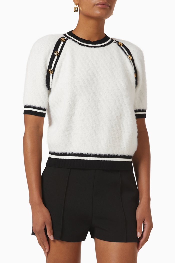 

Logo-button Textured Crop Sweater in Wool Blend Knit, White