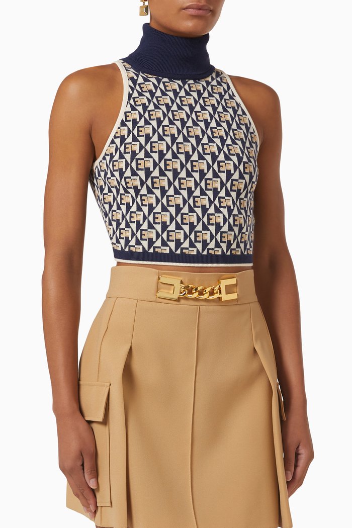 

All-over Monogram Turtleneck Crop Sweater in Viscose Knit, Neutral