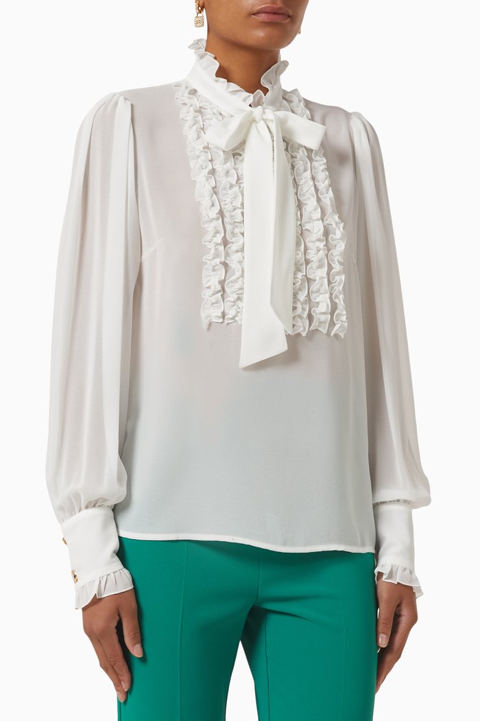 Ruffle Neck Tie Blouse in Georgette, White