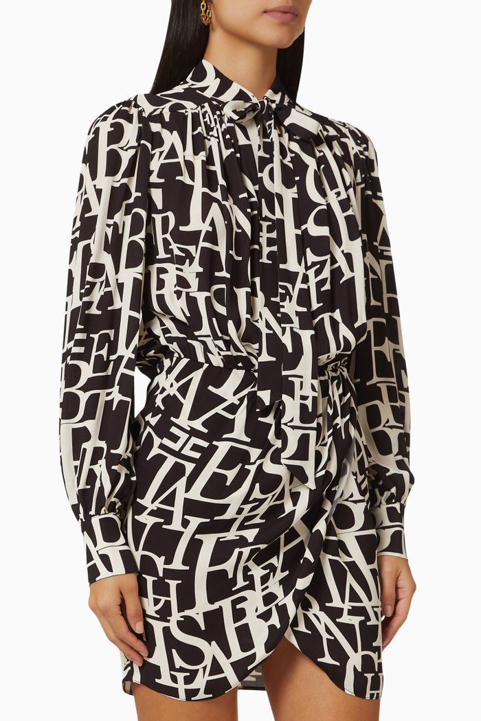 

Scarf Tie Logo Print Mini Dress in Viscose Georgette, Black