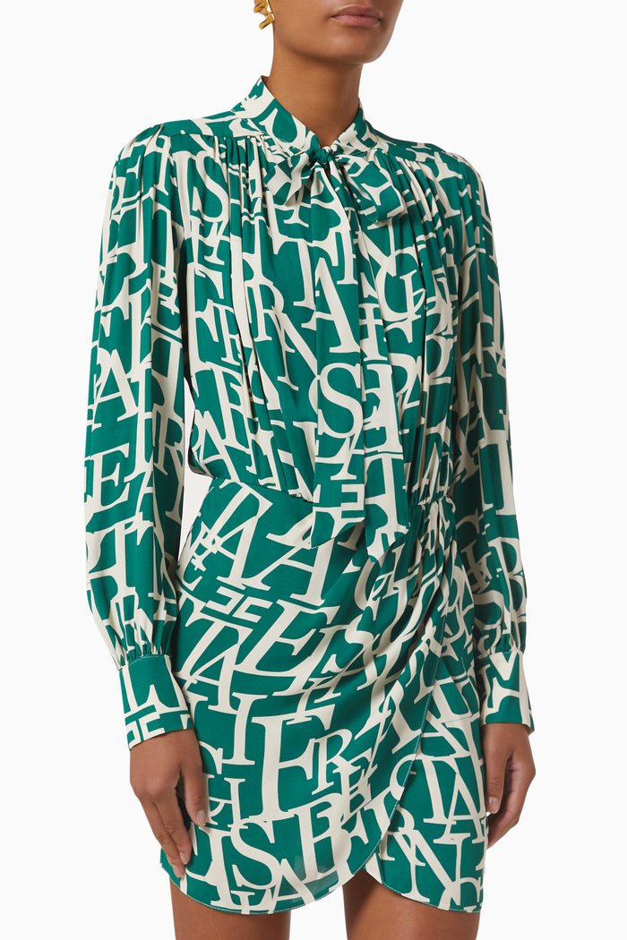 

Scarf Tie Logo Print Mini Dress in Viscose Georgette, Green