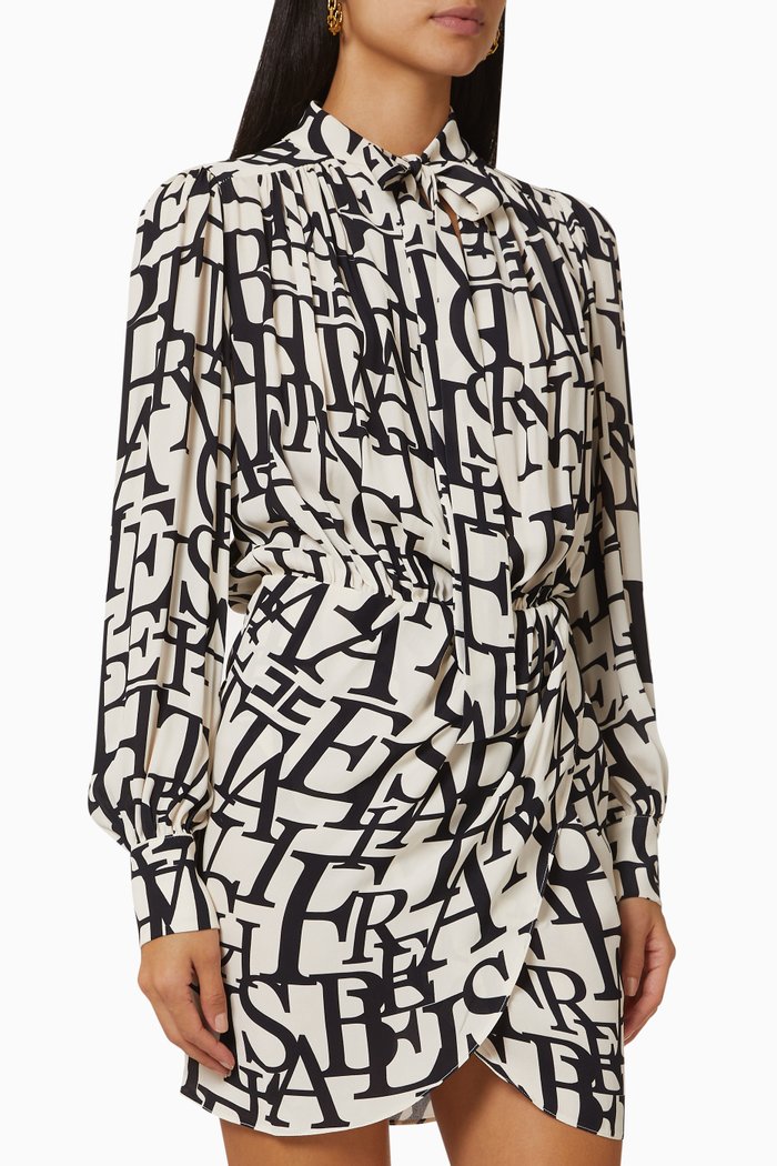 

Scarf Tie Logo Print Mini Dress in Viscose Georgette, Neutral