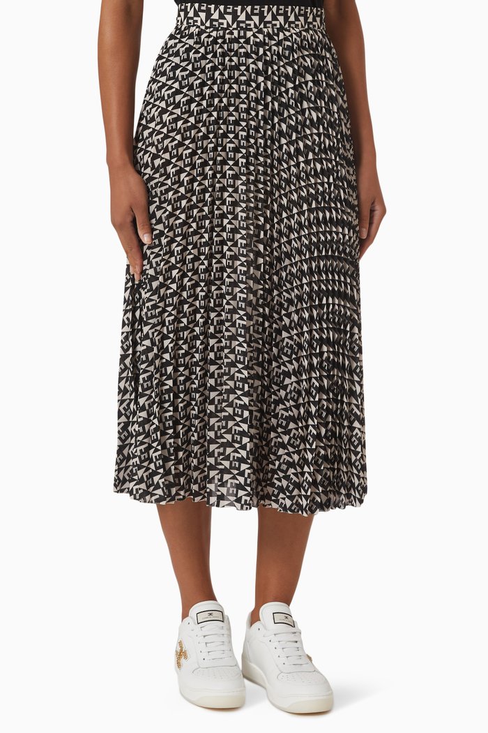 

All-over Logo Print Pleated Midi Skirt in Georgette, Black