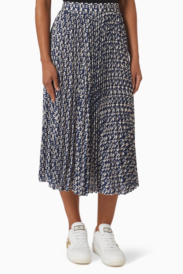 

All-over Logo Print Pleated Midi Skirt in Georgette, Blue