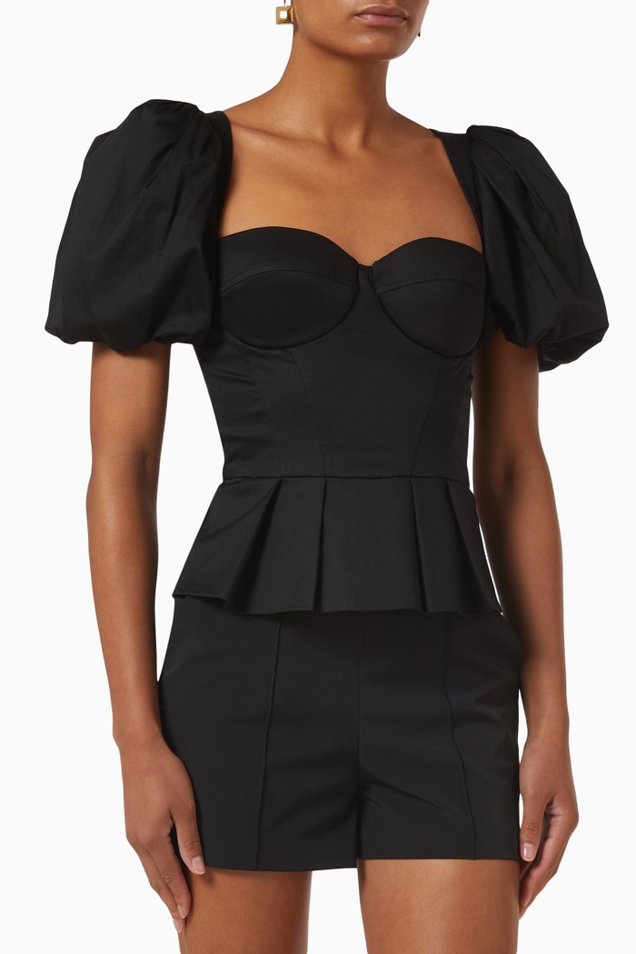 

Bustier Peplum Top in Stretch Cotton Poplin, Black