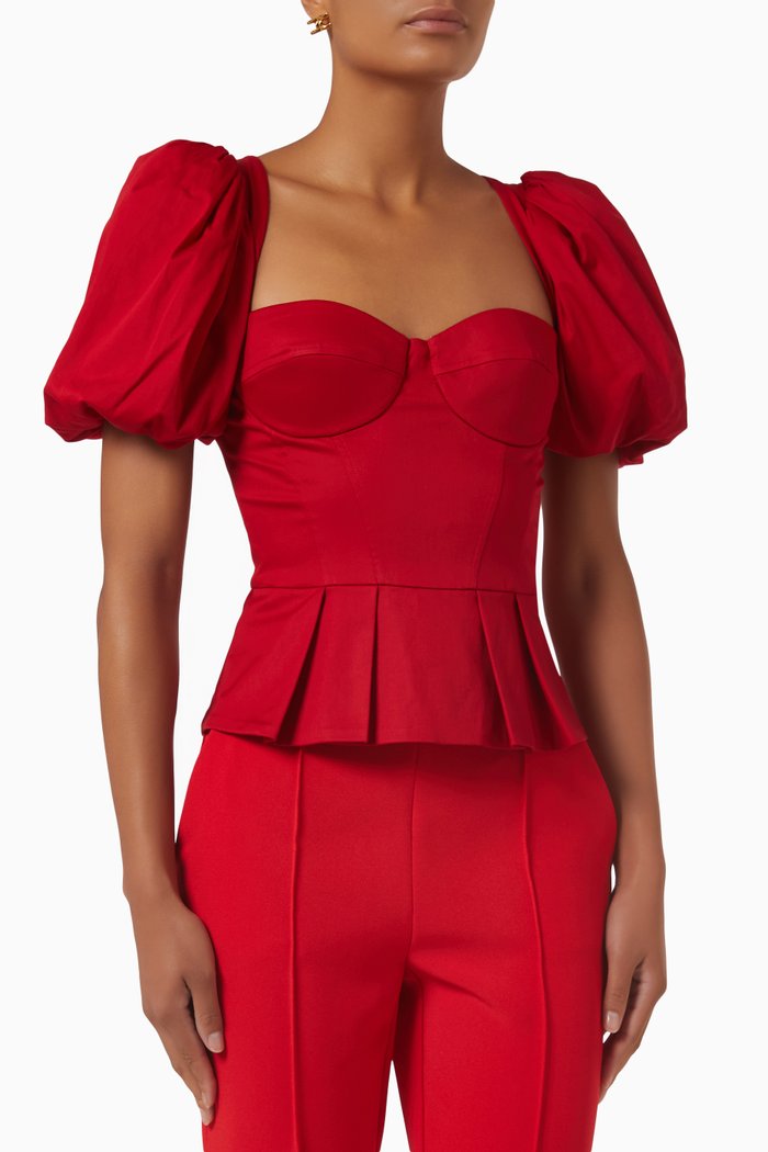 

Bustier Peplum Top in Stretch Cotton Poplin, Red