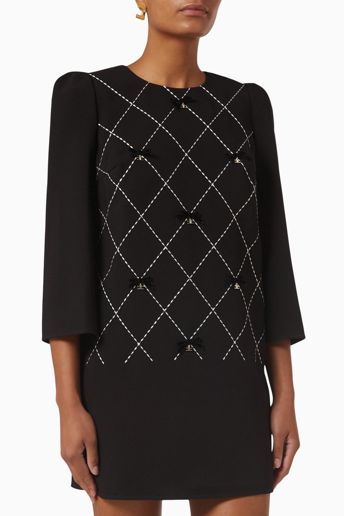 

Bow Charm Embroidered Mini Dress in Crêpe, Black
