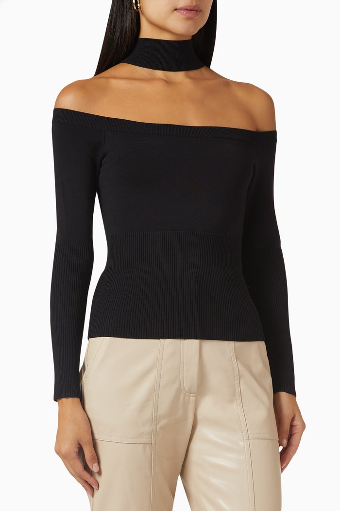 

Lila Signature Cold-shoulder Sweater in Rib-knit, Black
