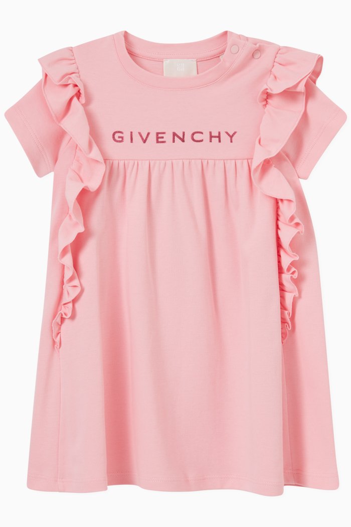 

Logo Print Ruffled Dress in Jersey, Pink