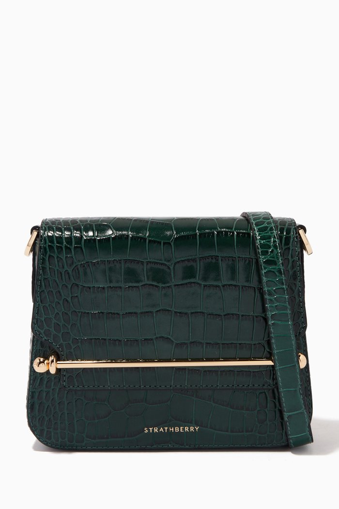 

Ace Mini Shoulder Bag in Croc-Embossed Leather, Green