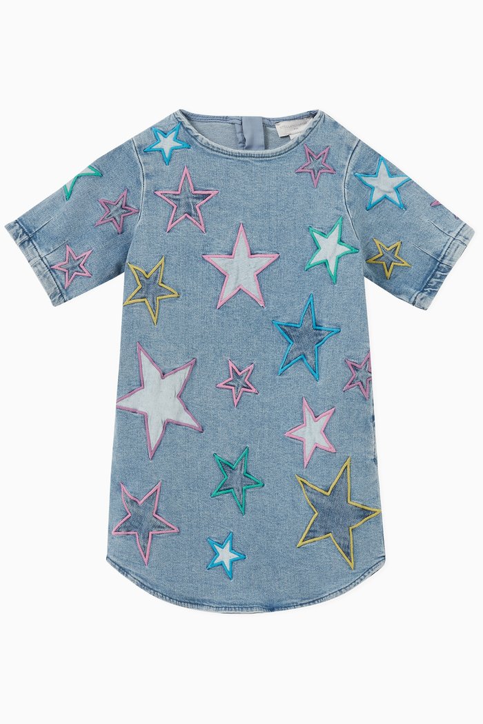 

Embroidered Star Dress in Cotton-denim, Blue