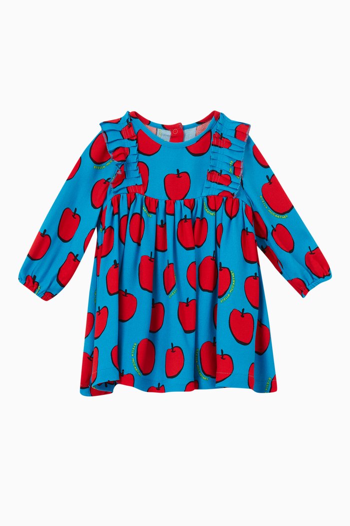 

Apples Print Dress in Organic Cotton, Blue