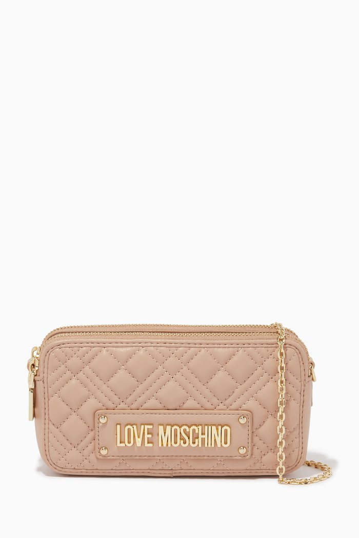 Wallet on Chain in Quilted Faux Leather, Neutral