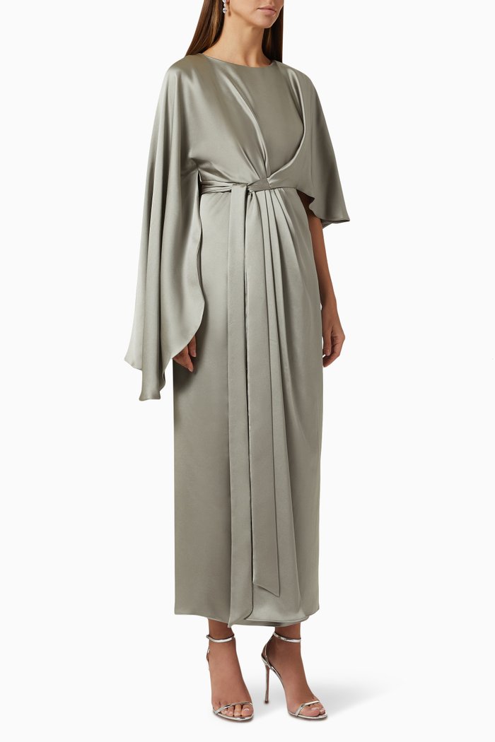 

Emma Wrap Front Draped Midi Dress in Crêpe Satin, Green