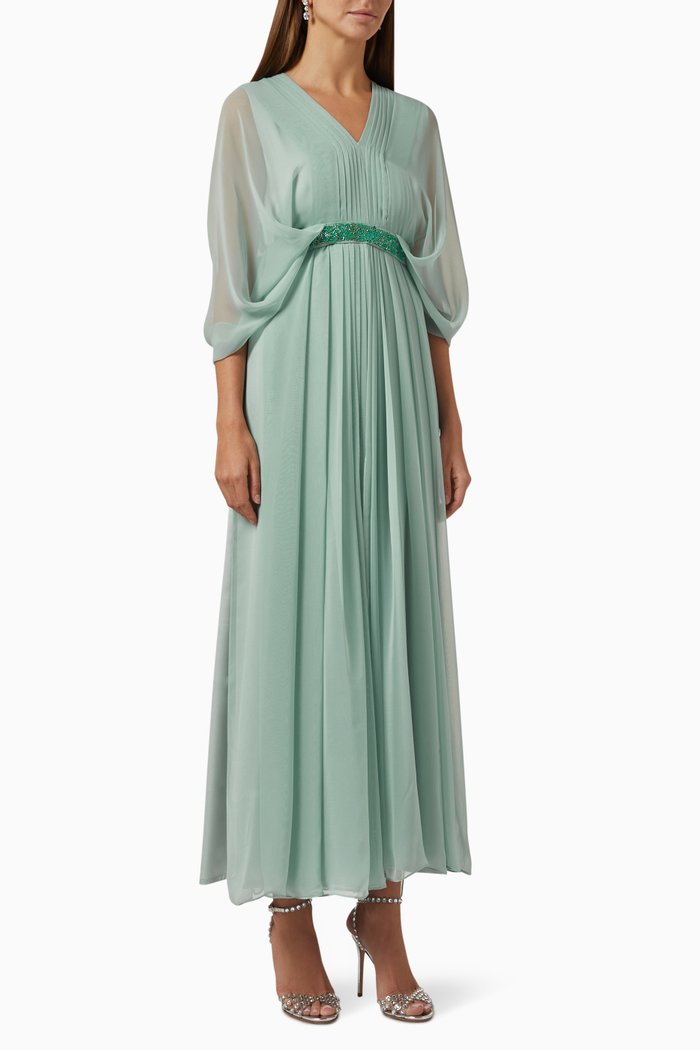 

Ariel Pleated Midi Dress in Chiffon & Silk, Green