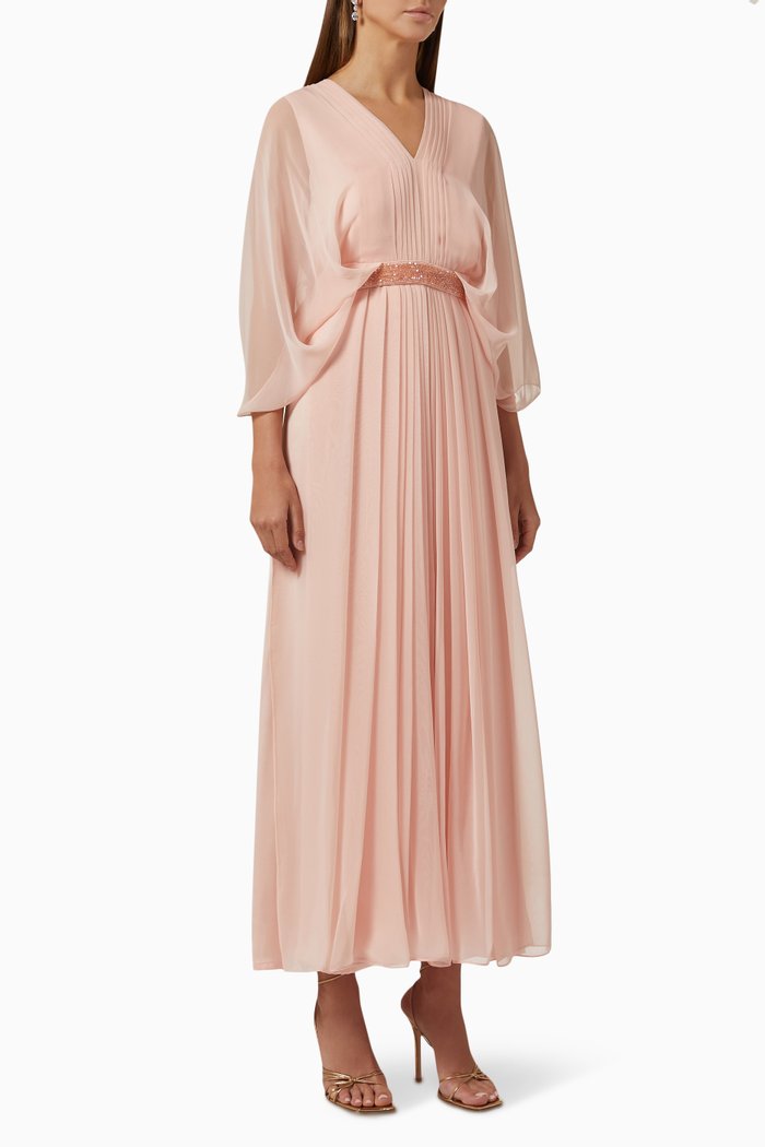 

Ariel Pleated Midi Dress in Chiffon & Silk, Pink