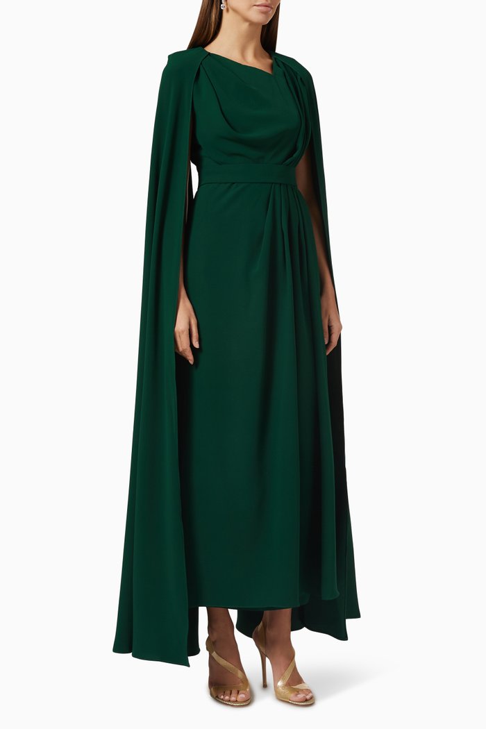 

Zira Cape Sleeve Maxi Dress in Silk Crêpe, Green