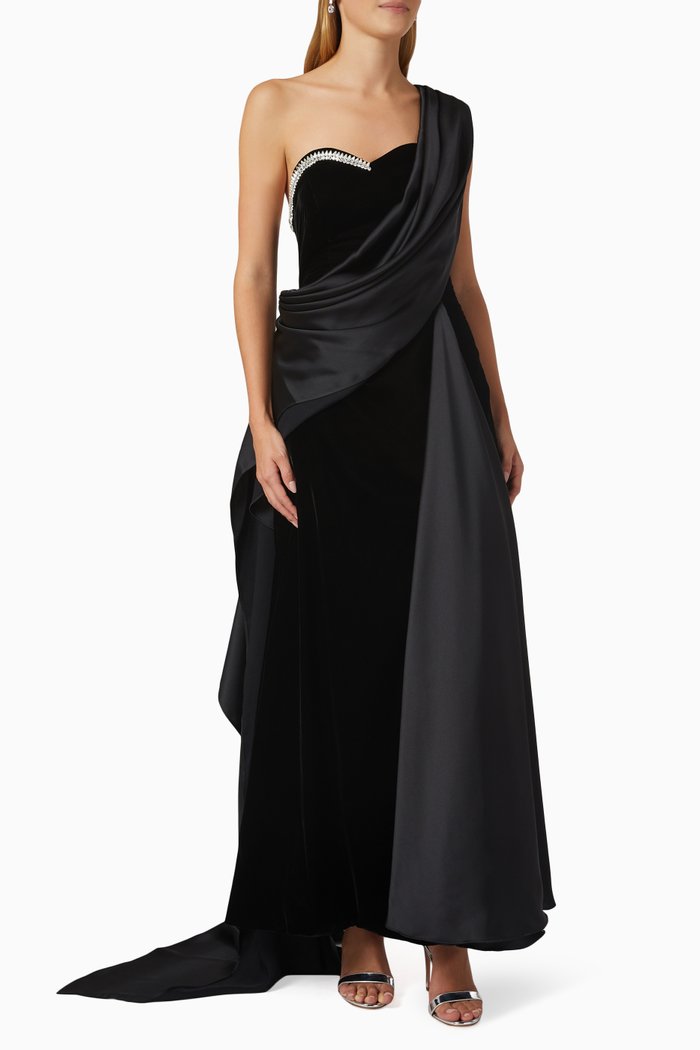 

Moon Draped Maxi Dress in Velvet & Satin, Black