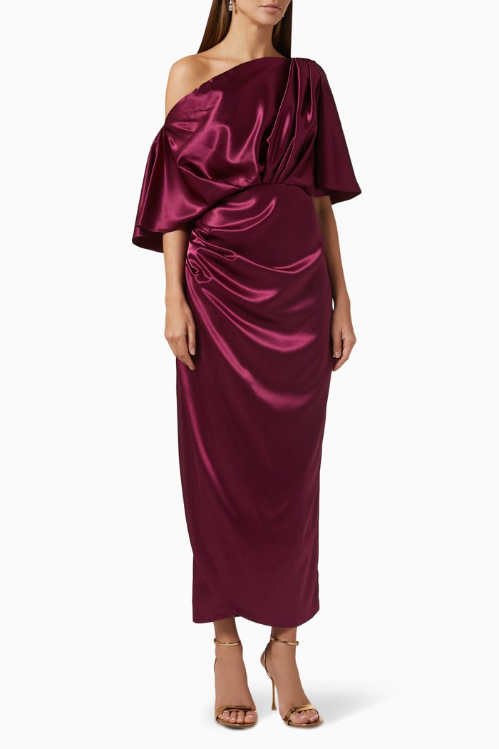 Ora One-shoulder Midi Dress in Satin, Pink