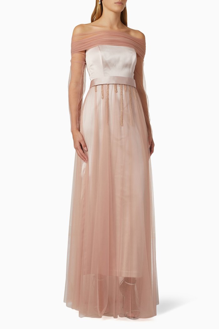 

Alice Corset Maxi Dress in Satin & Tulle, Pink