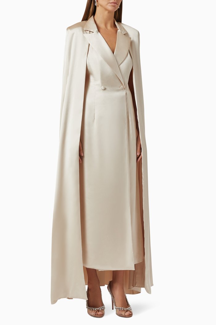

Selena Cape Midi Dress in Silk Crêpe, Neutral