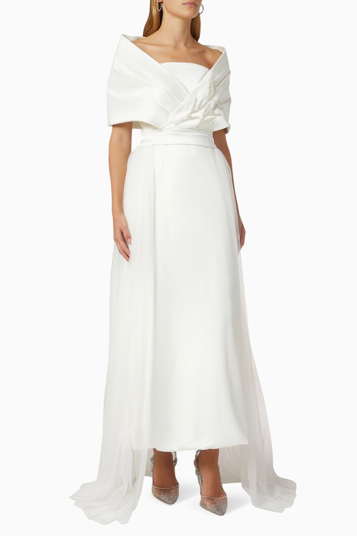 

Irene Off-the-shoulder Dress in Bridal Satin & Tulle, White