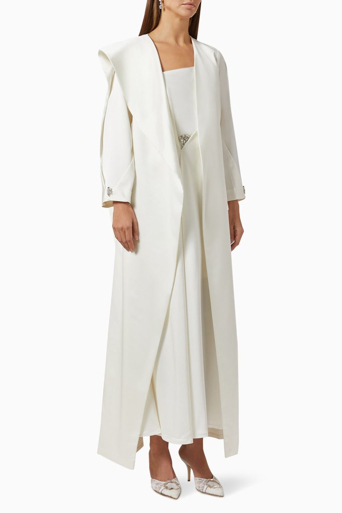Elara Midi Dress & Abaya Set in Bridal Satin, Neutral