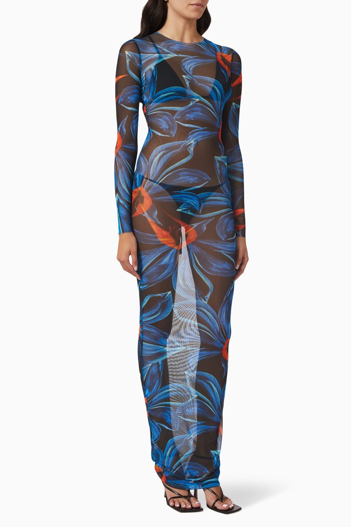 

High Tide Floral Maxi Dress in Stretch Mesh, Blue