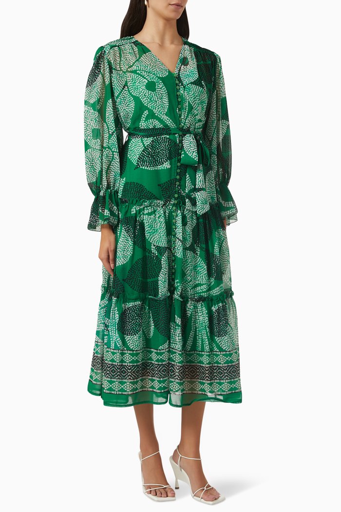 

Printed Long Sleeve Dress, Green