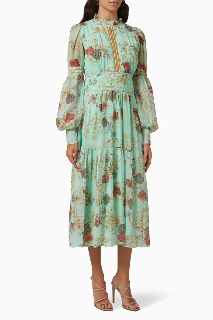 Printed Long Sleeve Dress, Blue