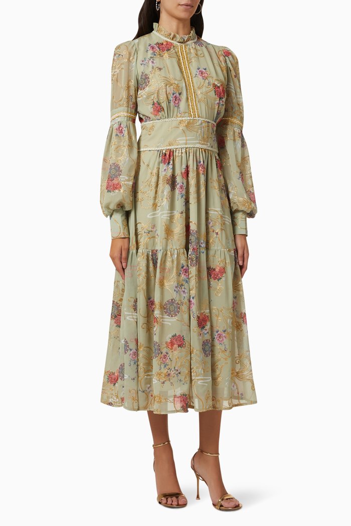 

Printed Long Sleeve Dress, Green